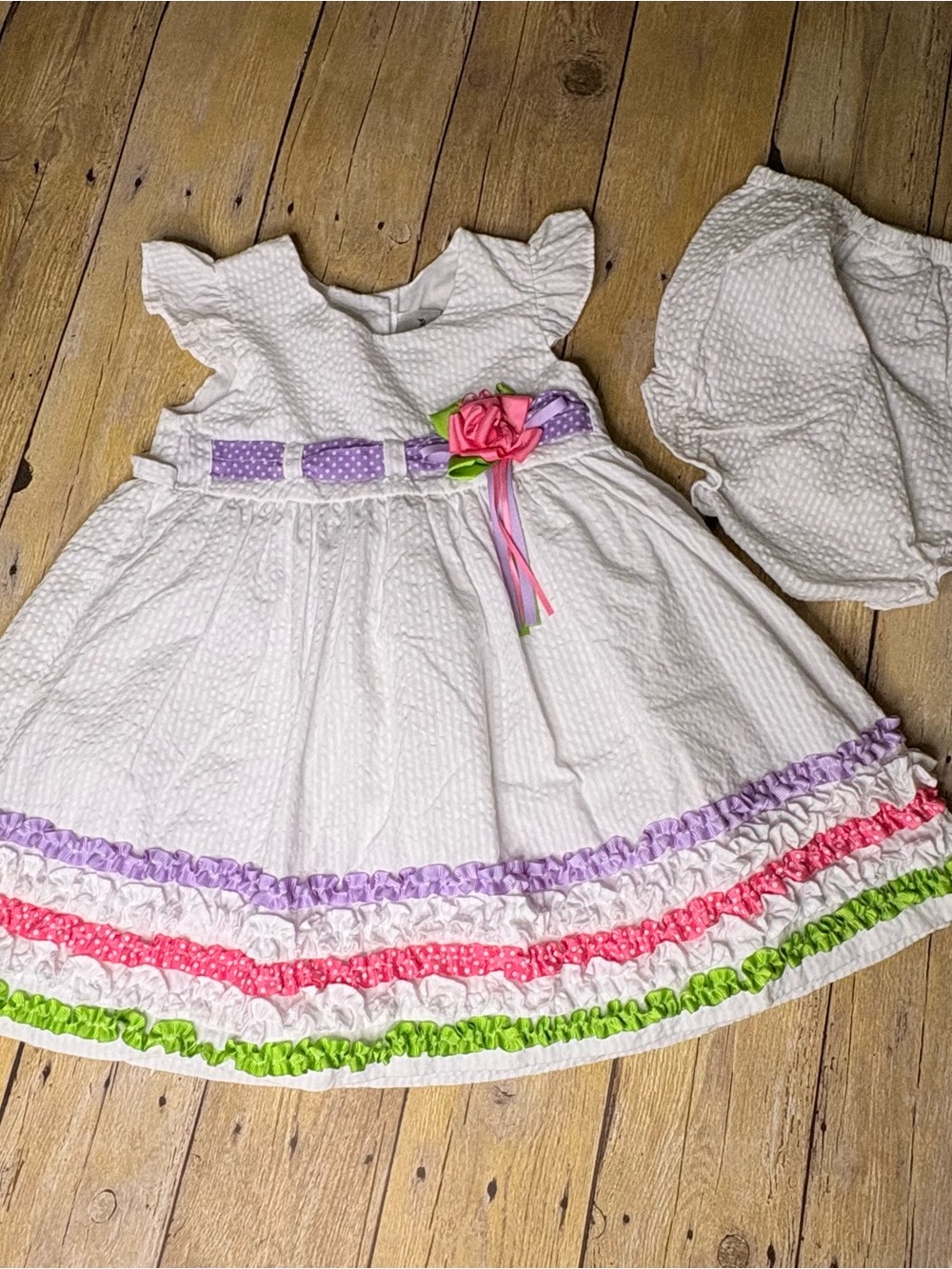 Rare Editions White Dress with Purple, Pink & Green Trim